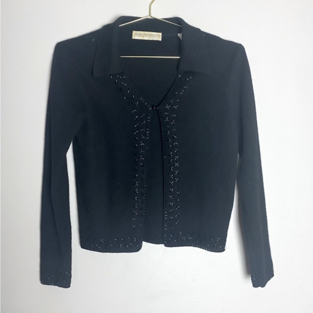 Vintage merino wool black cardigan one button collared beaded Valerie Steven’s